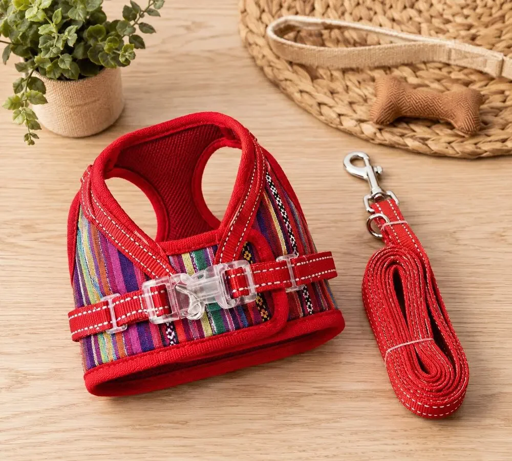 Yikeyo Bohemian Striped Dog Harness & Leash Set Red Multicolor Size Medium NWT